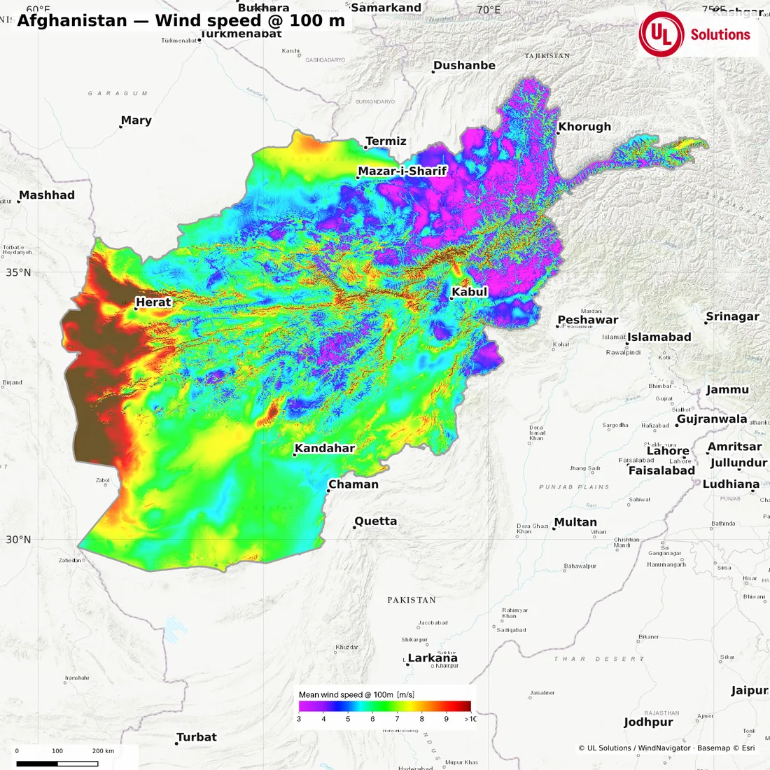 Wind speed map of Afghanistan at 100m hub height