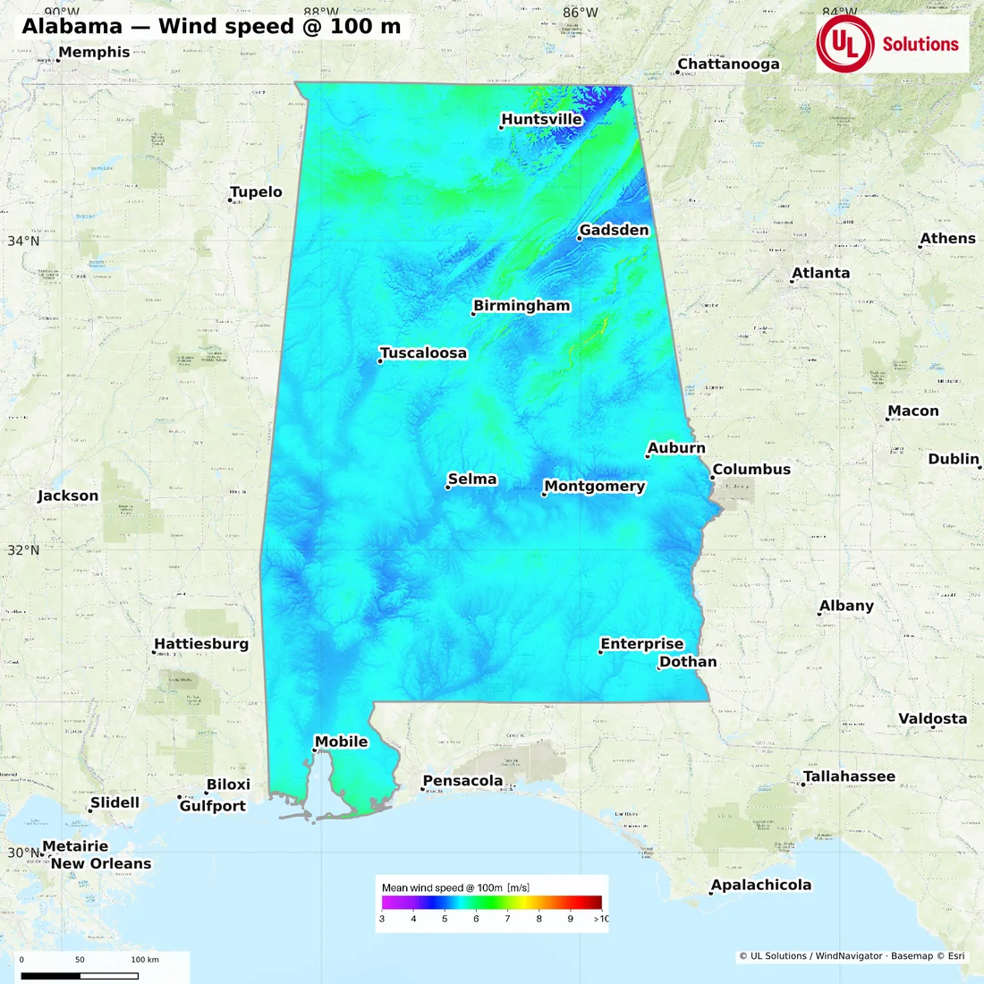 Wind speed map of Alabama at 100m hub height