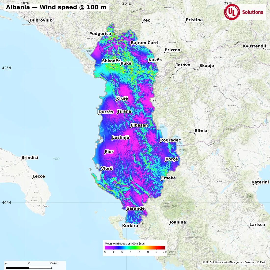 Wind speed map of Albania at 100m hub height