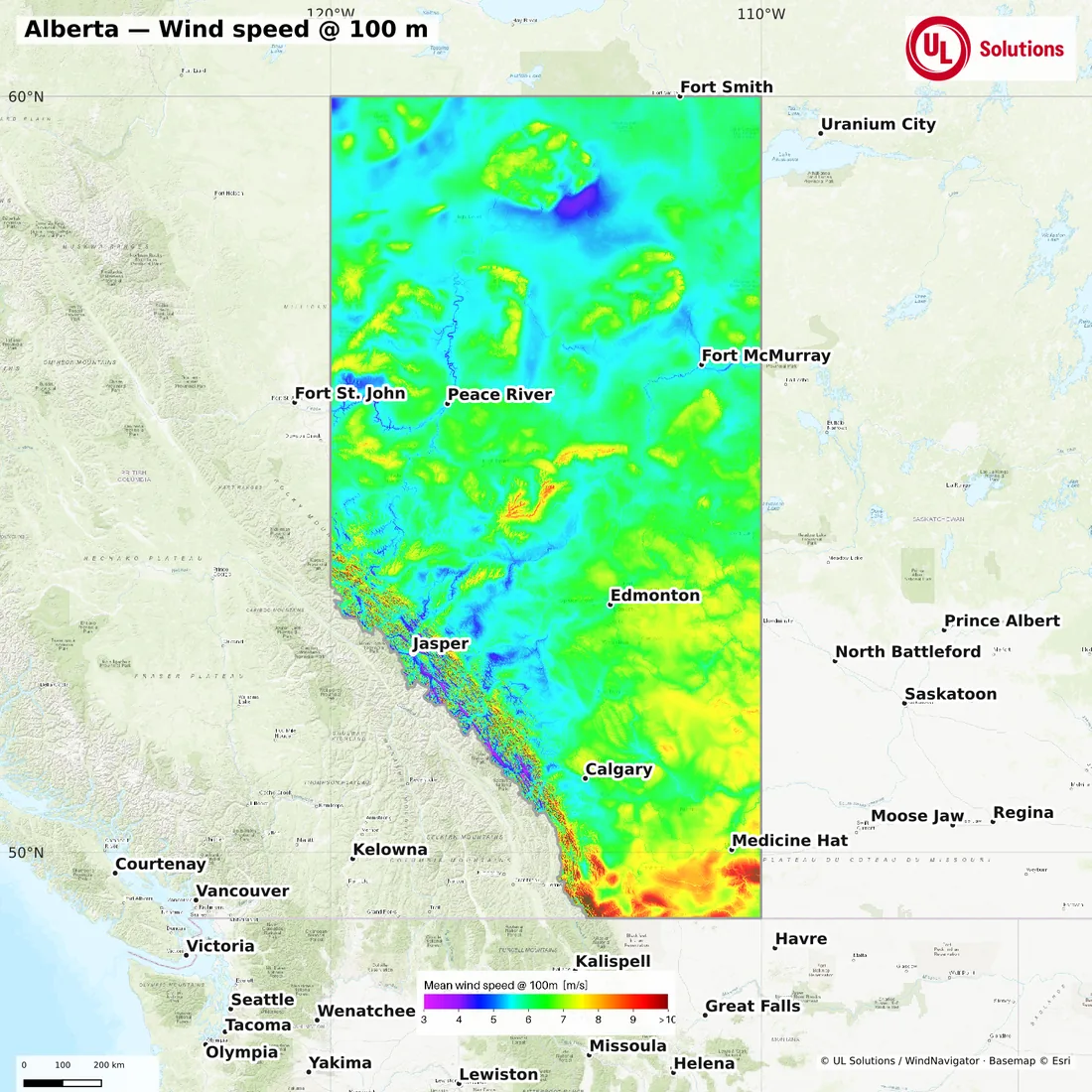 Wind speed map of Alberta at 100m hub height