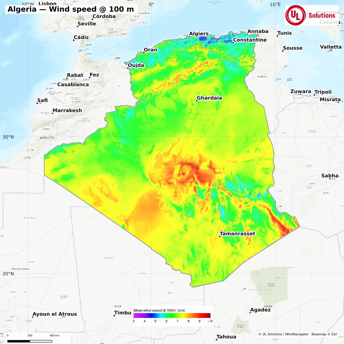 Wind speed map of Algeria at 100m hub height