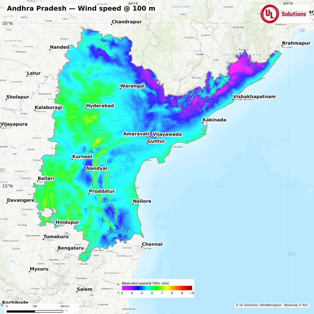 Wind speed map of Andhra Pradesh at 100m hub height