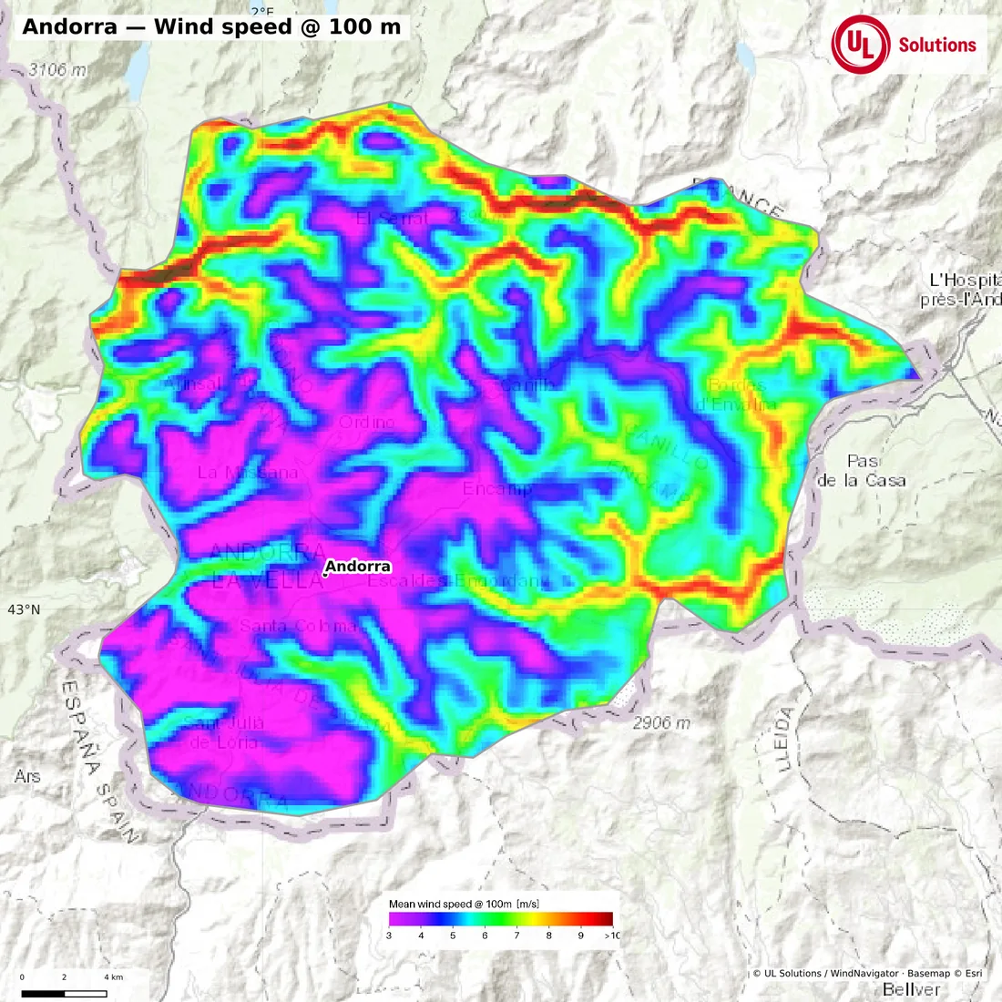 Wind speed map of Andorra at 100m hub height