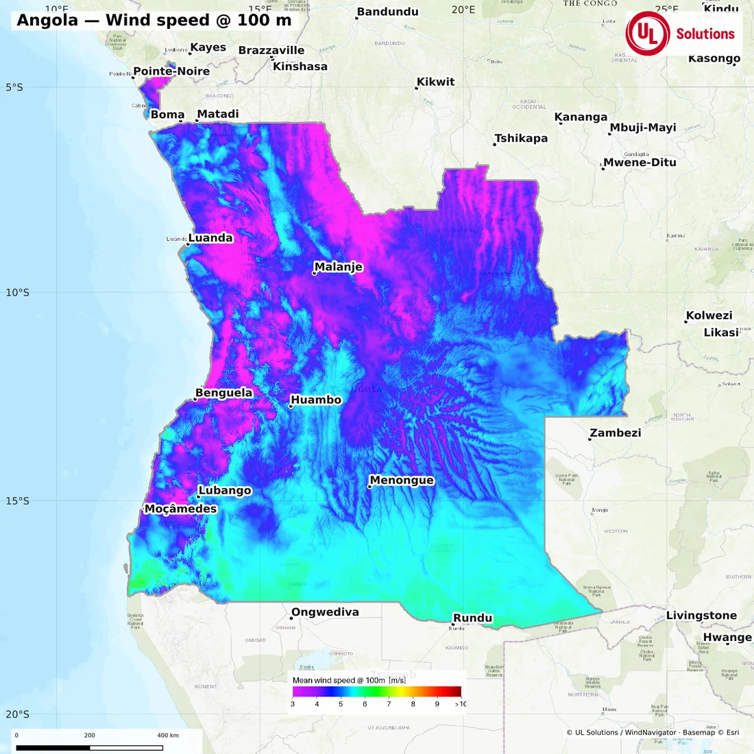 Wind speed map of Angola at 100m hub height