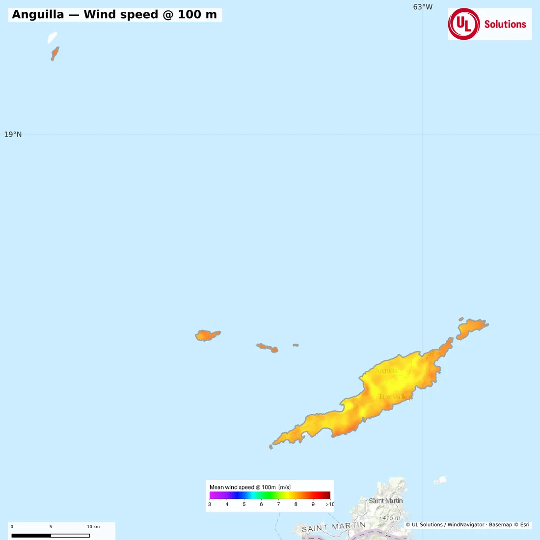 Wind speed map of Anguilla at 100m hub height