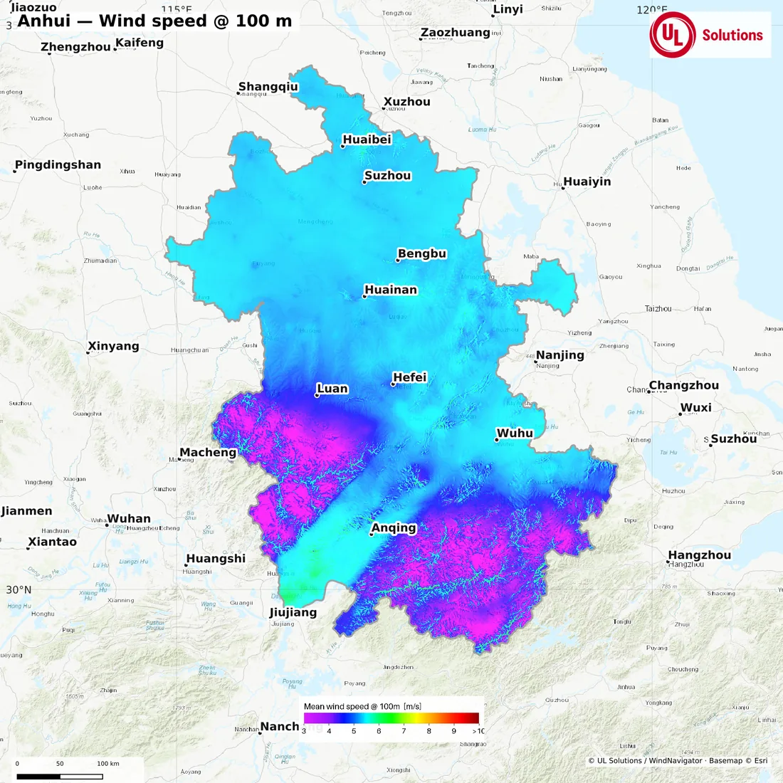 Wind speed map of Anhui at 100m hub height