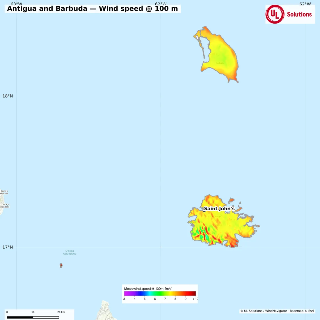 Wind speed map of Antigua and Barbuda at 100m hub height