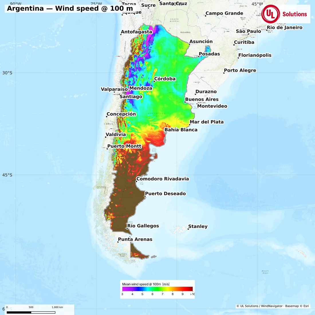 Wind speed map of Argentina at 100m hub height