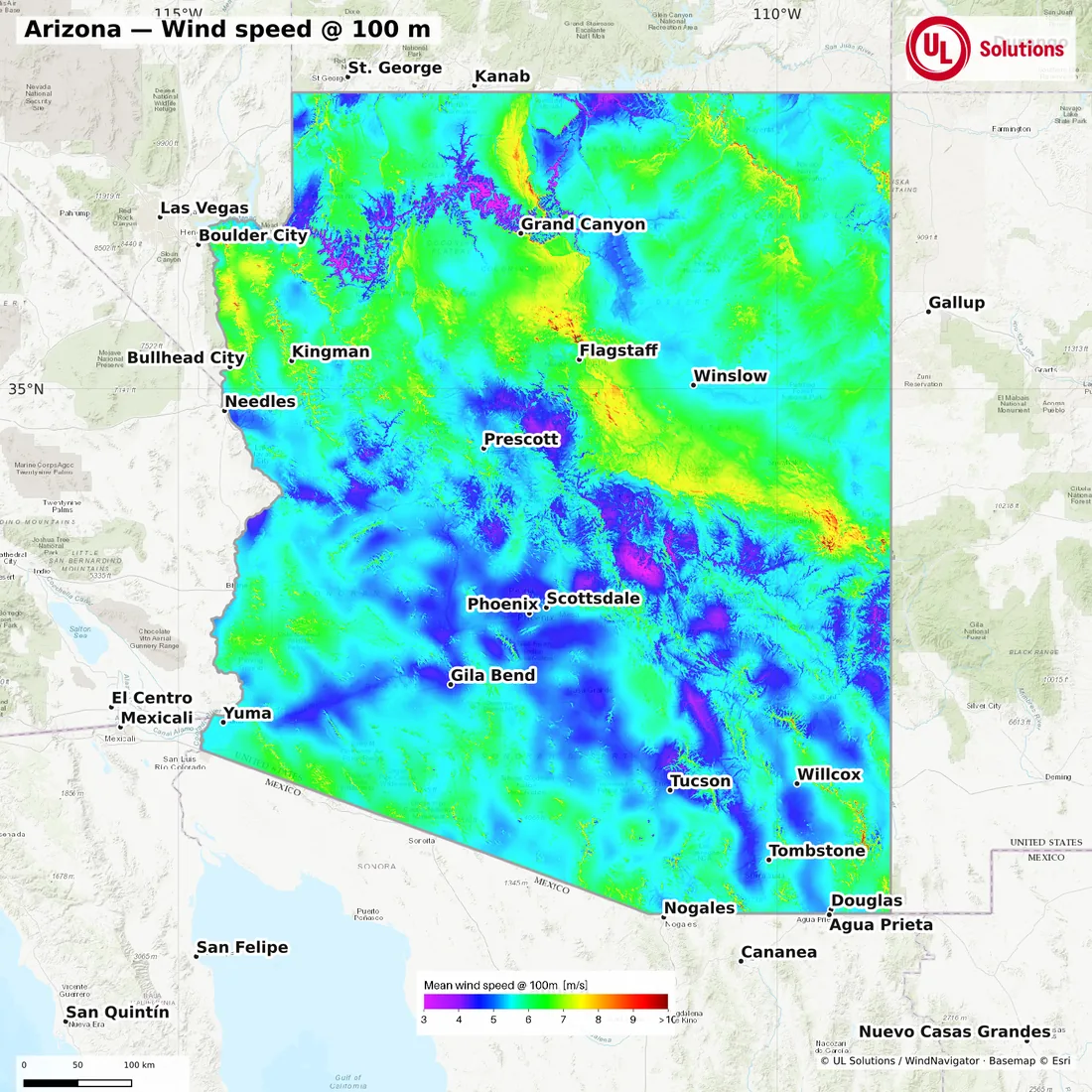 Wind speed map of Arizona at 100m hub height