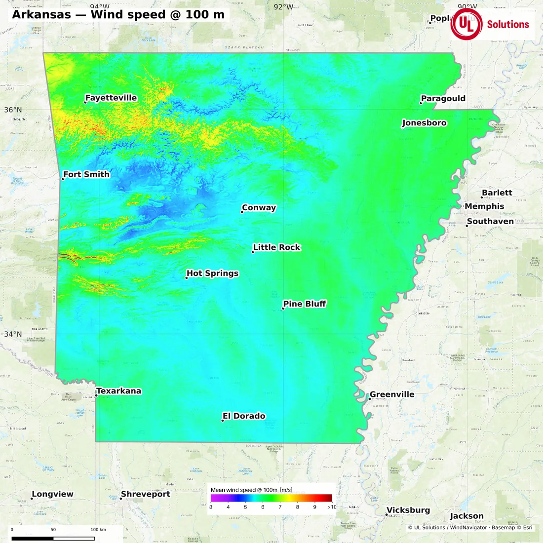 Wind speed map of Arkansas at 100m hub height