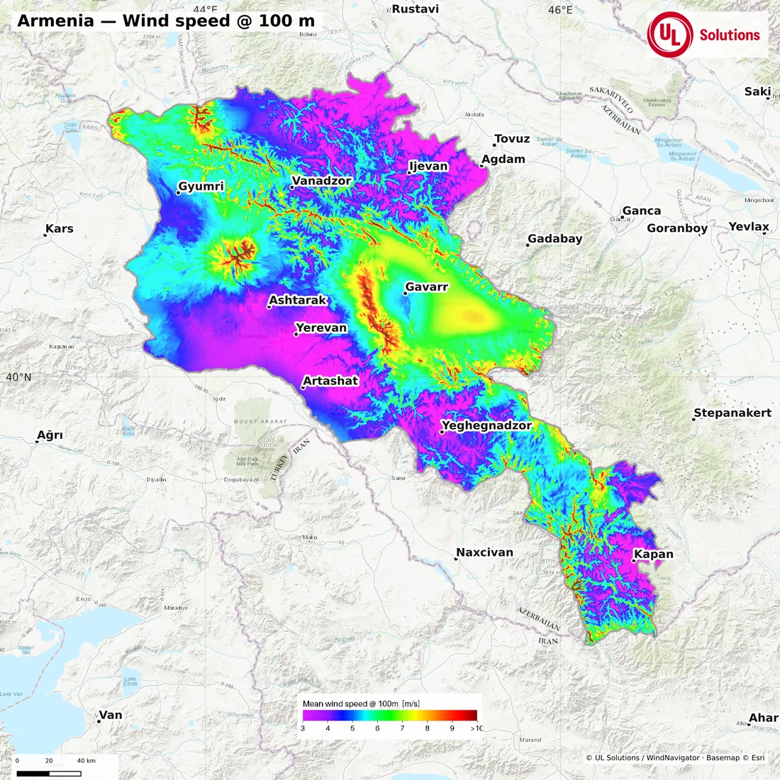 Wind speed map of Armenia at 100m hub height