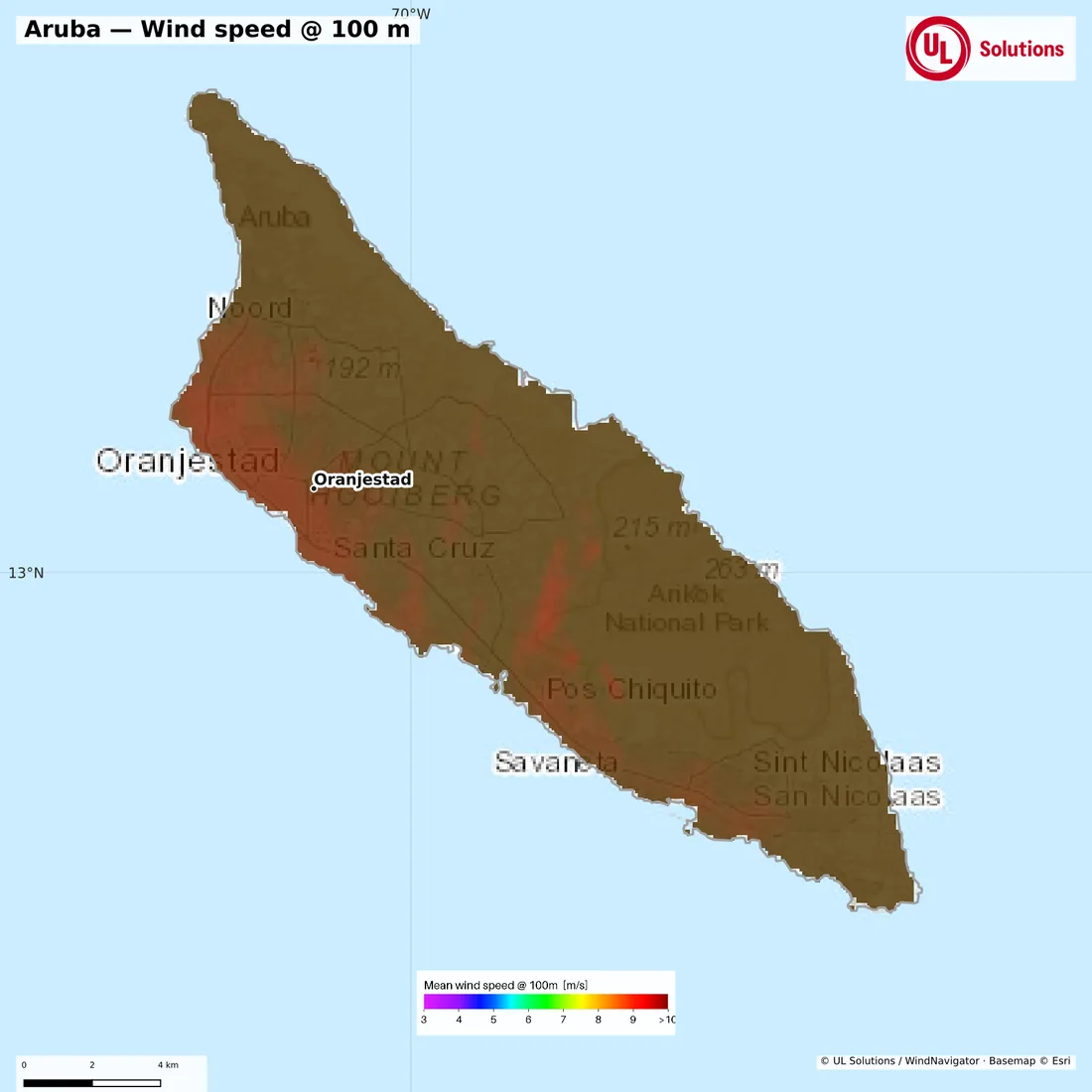 Wind speed map of Aruba at 100m hub height