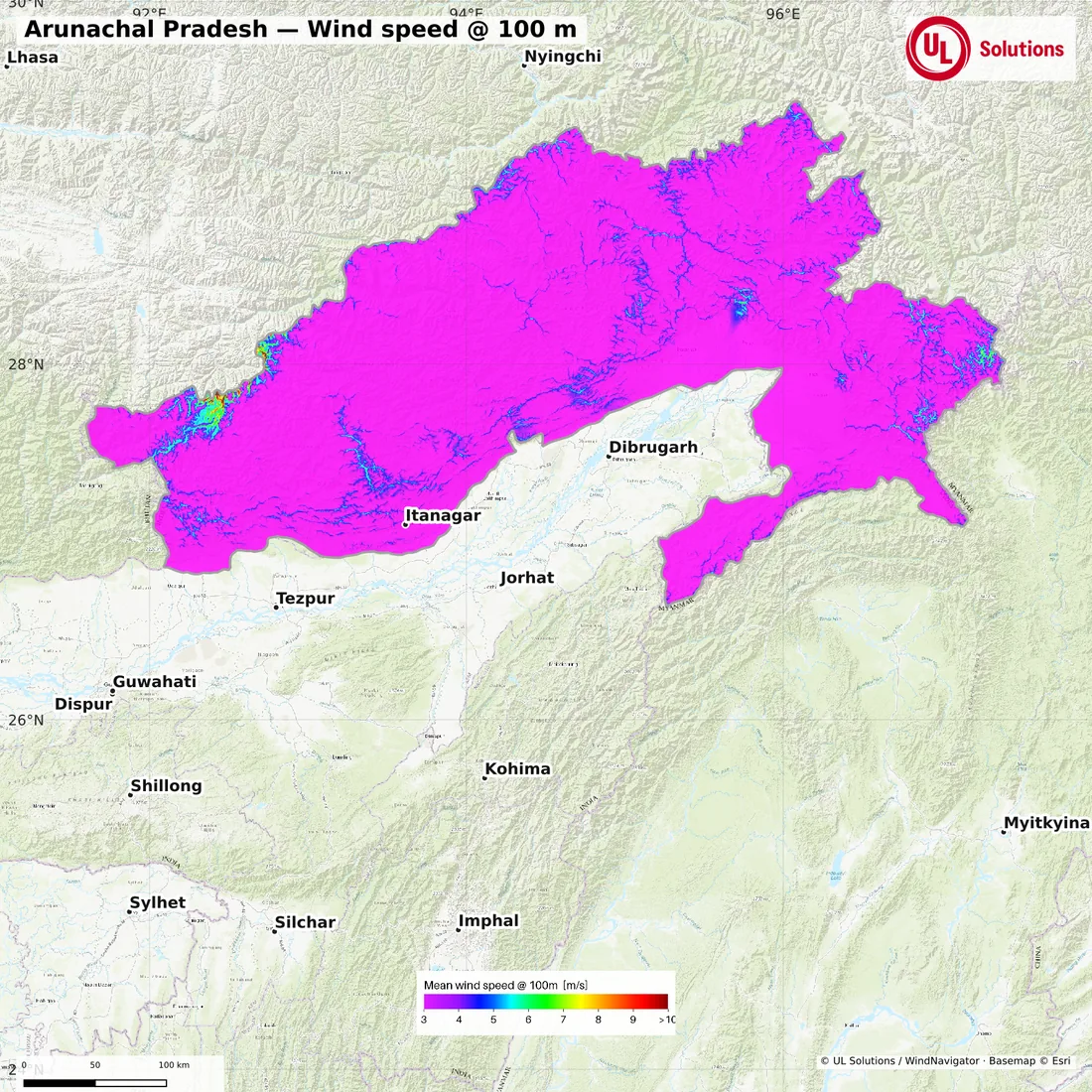 Wind speed map of Arunachal Pradesh at 100m hub height
