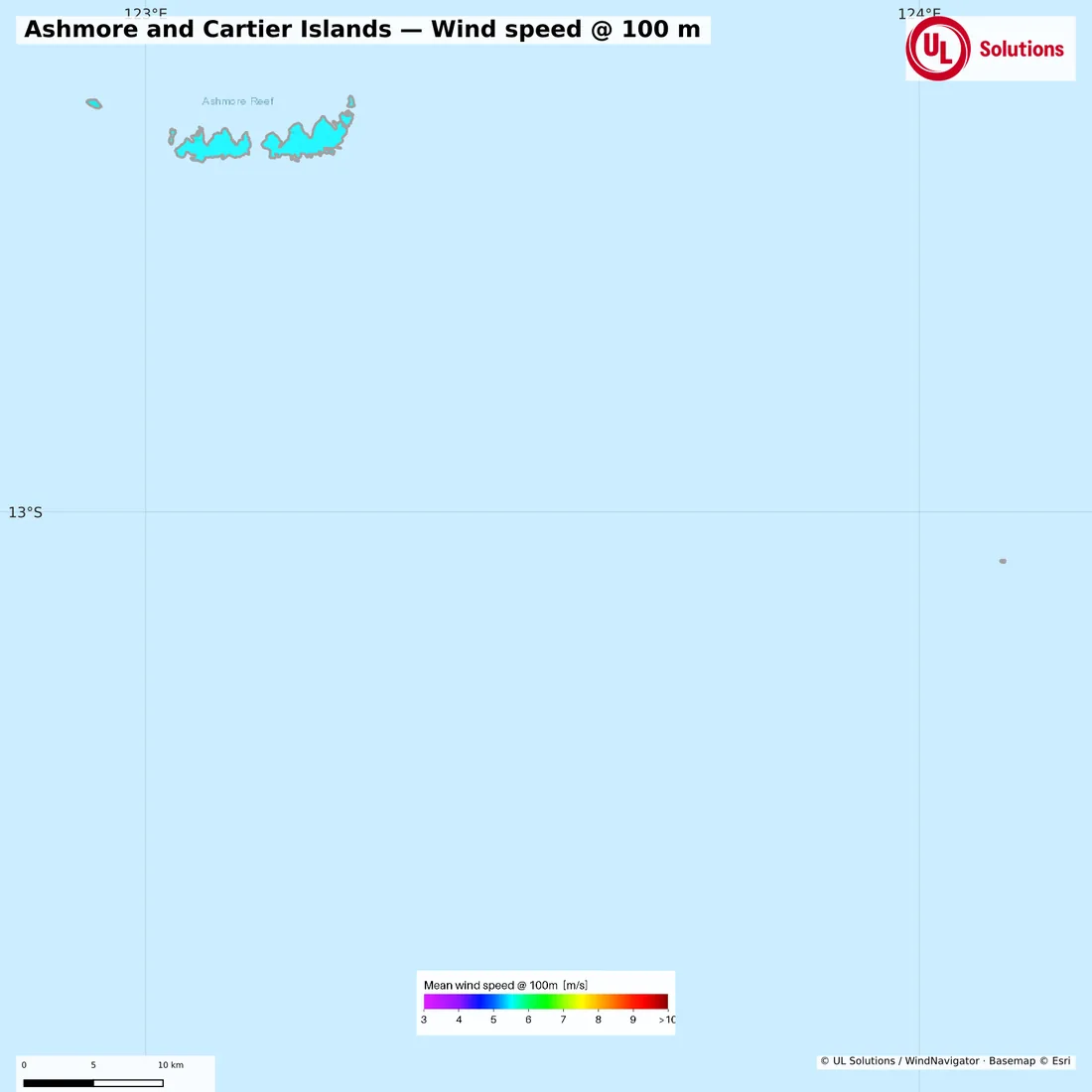Wind speed map of Ashmore and Cartier Islands at 100m hub height