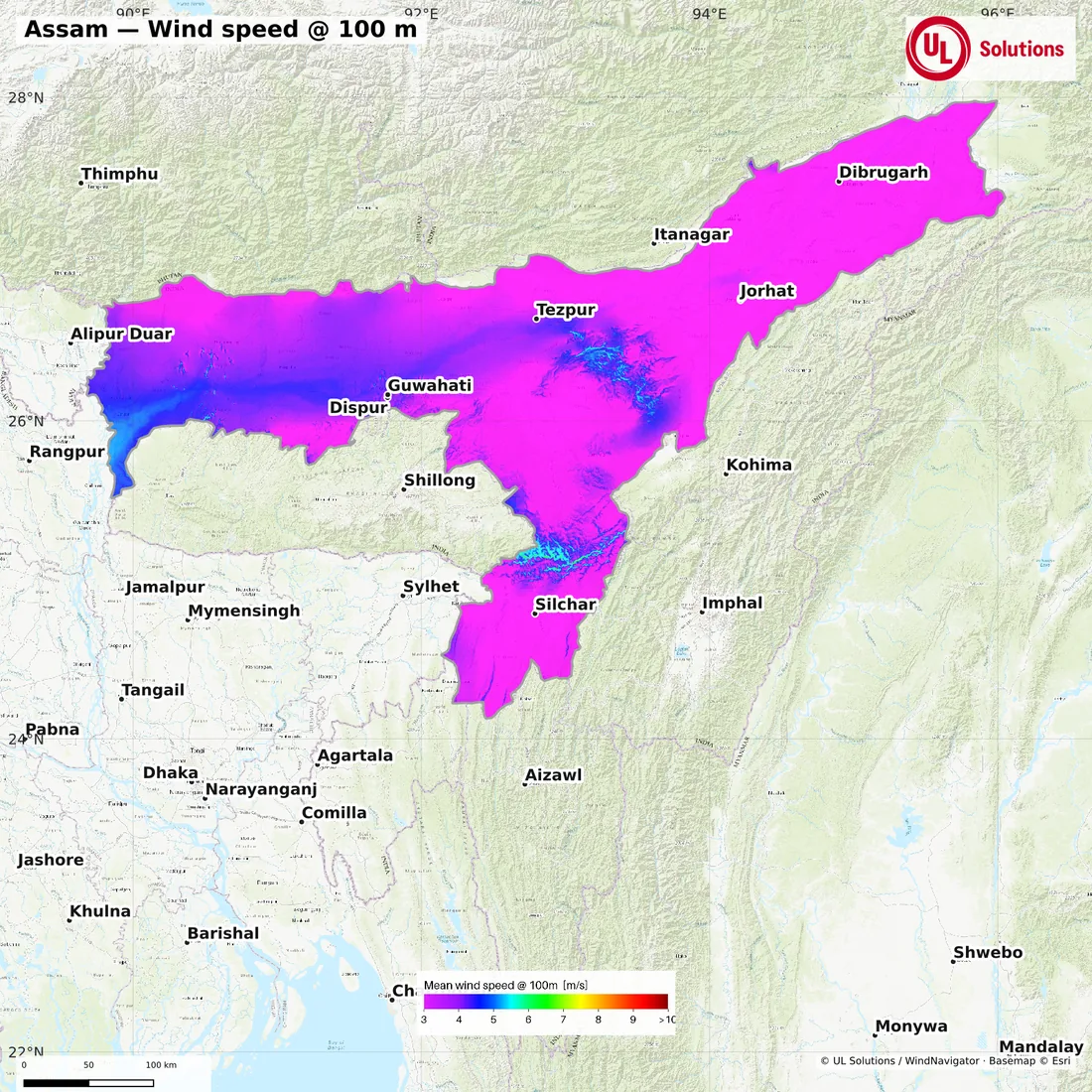 Wind speed map of Assam at 100m hub height