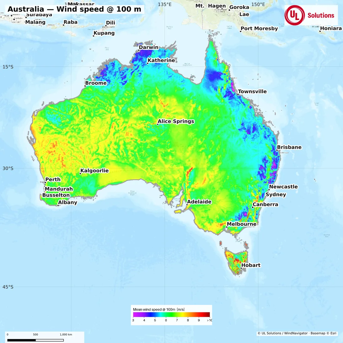 Wind speed map of Australia at 100m hub height