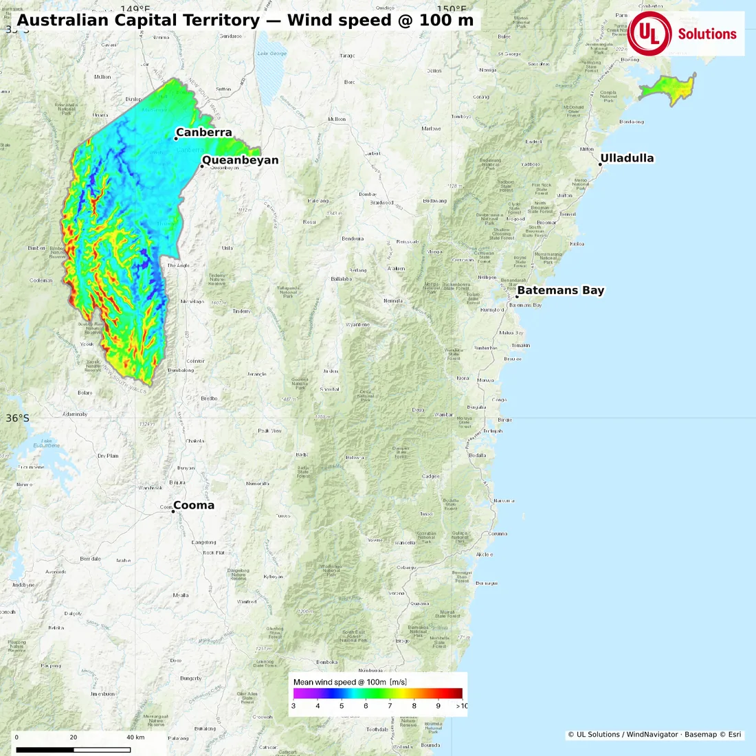 Wind speed map of Australian Capital Territory at 100m hub height