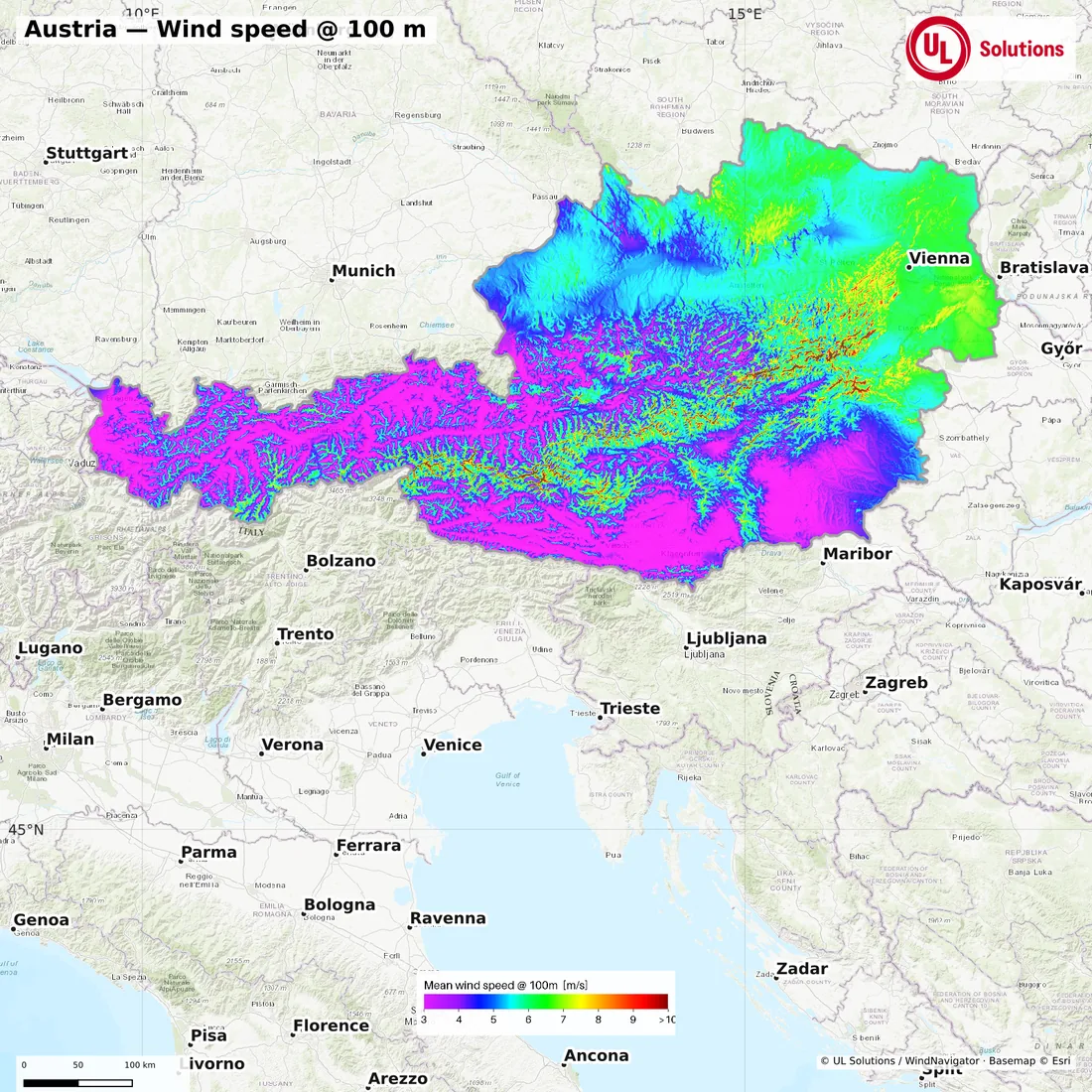 Wind speed map of Austria at 100m hub height