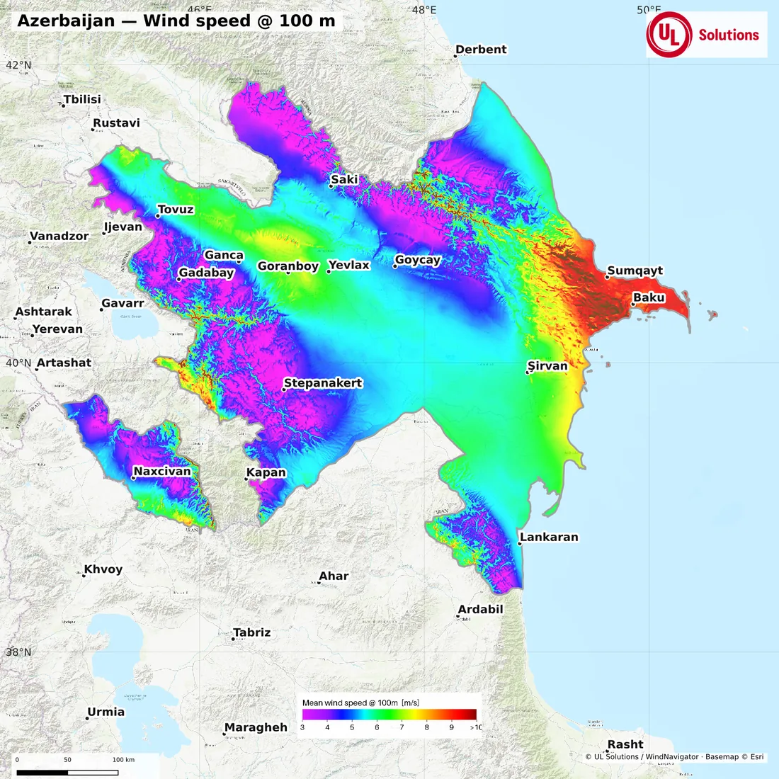 Wind speed map of Azerbaijan at 100m hub height