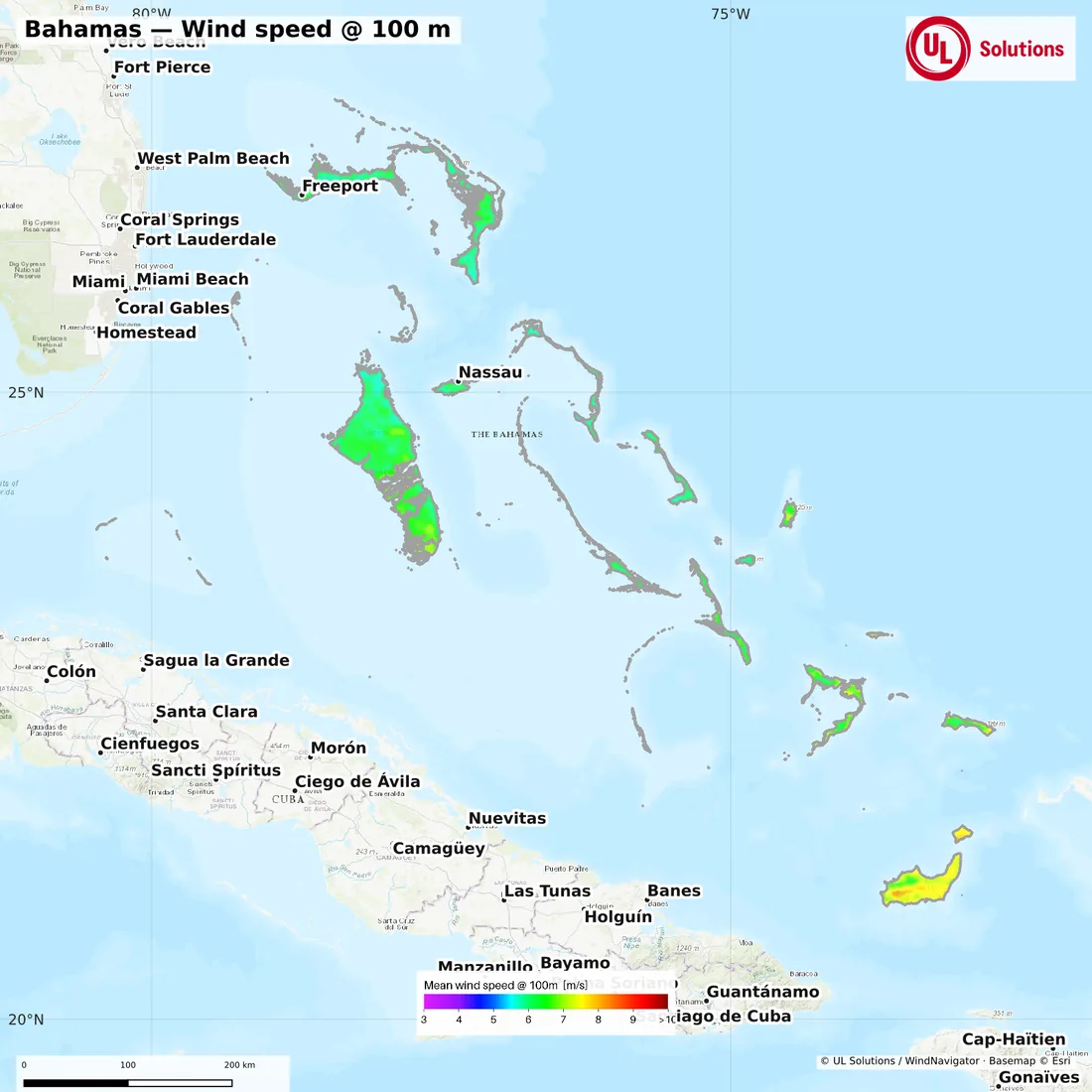 Wind speed map of Bahamas at 100m hub height