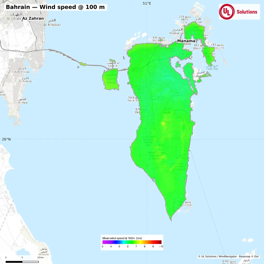 Wind speed map of Bahrain at 100m hub height