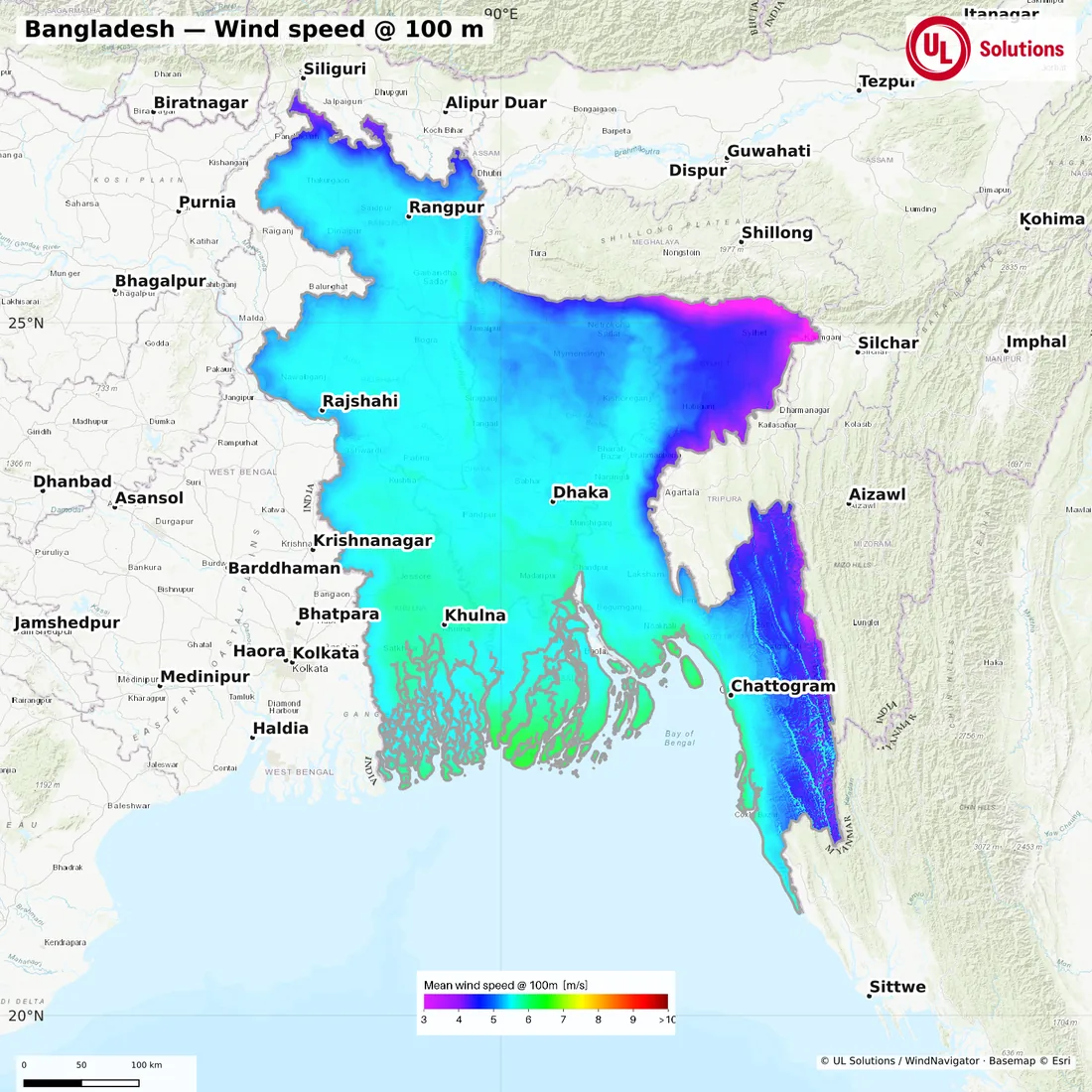 Wind speed map of Bangladesh at 100m hub height