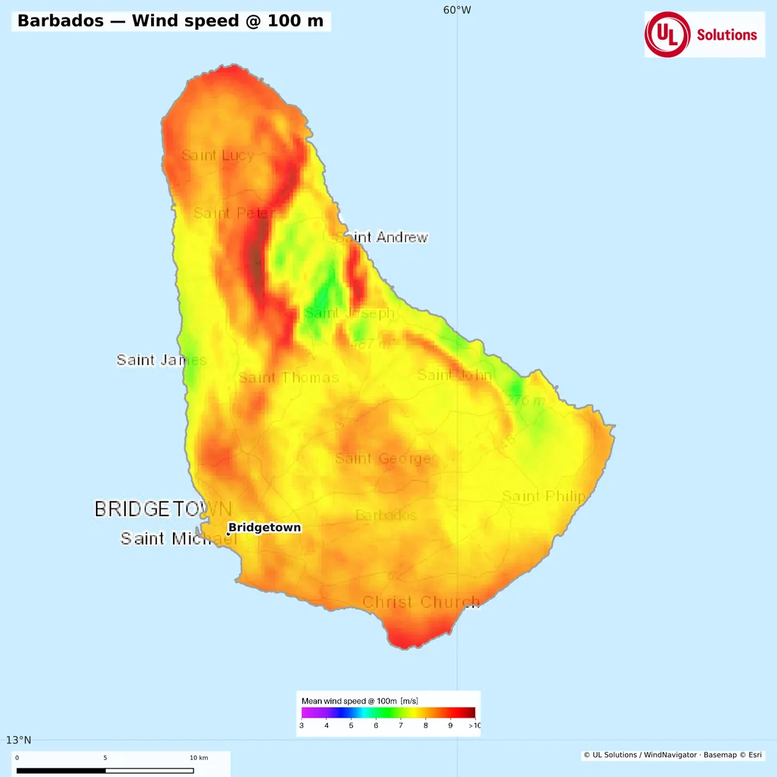 Wind speed map of Barbados at 100m hub height