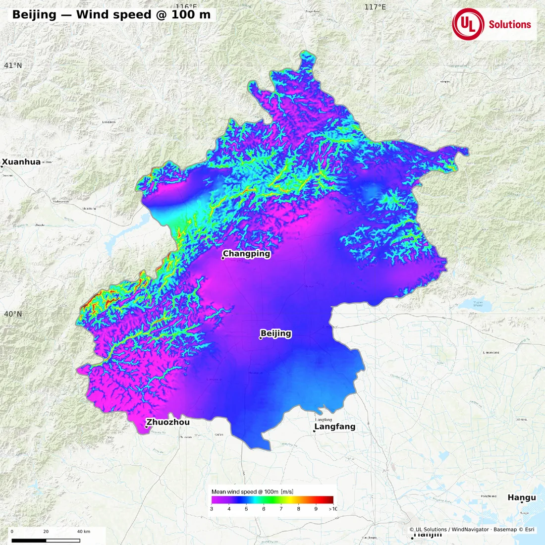 Wind speed map of Beijing at 100m hub height