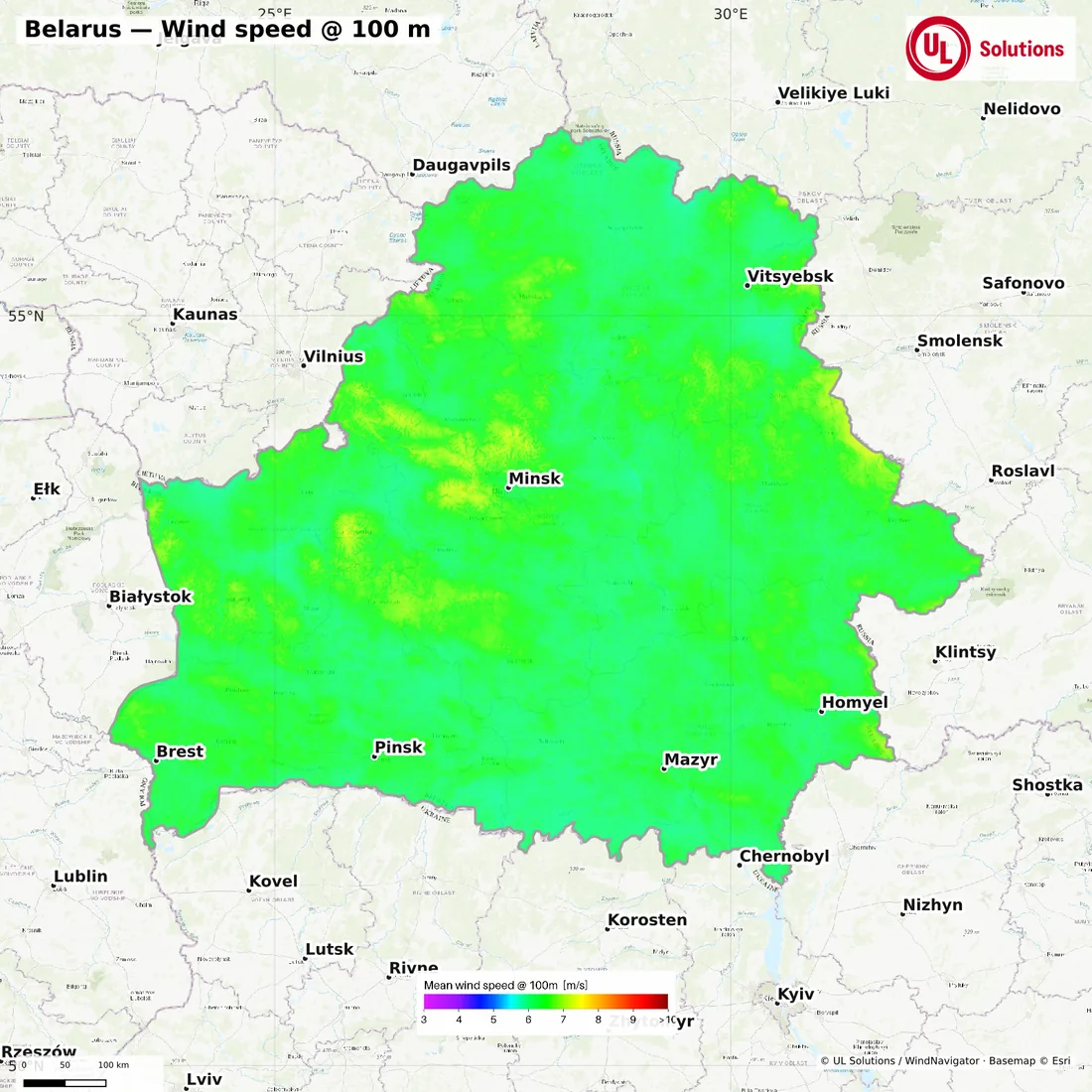 Wind speed map of Belarus at 100m hub height