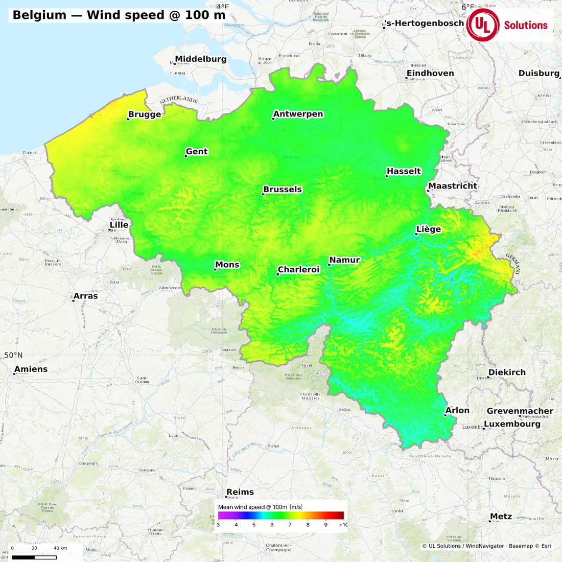 Wind speed map of Belgium at 100m hub height