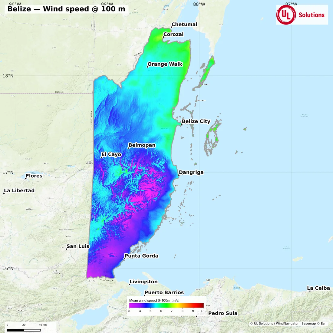 Wind speed map of Belize at 100m hub height