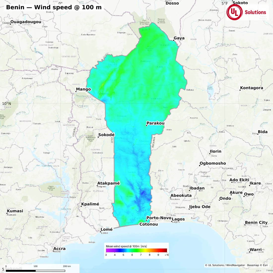 Wind speed map of Benin at 100m hub height