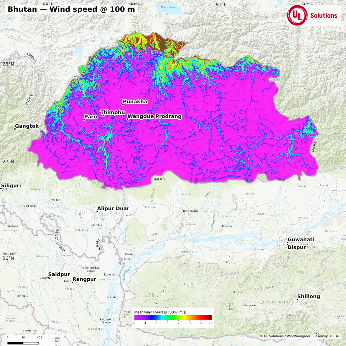 Wind speed map of Bhutan at 100m hub height
