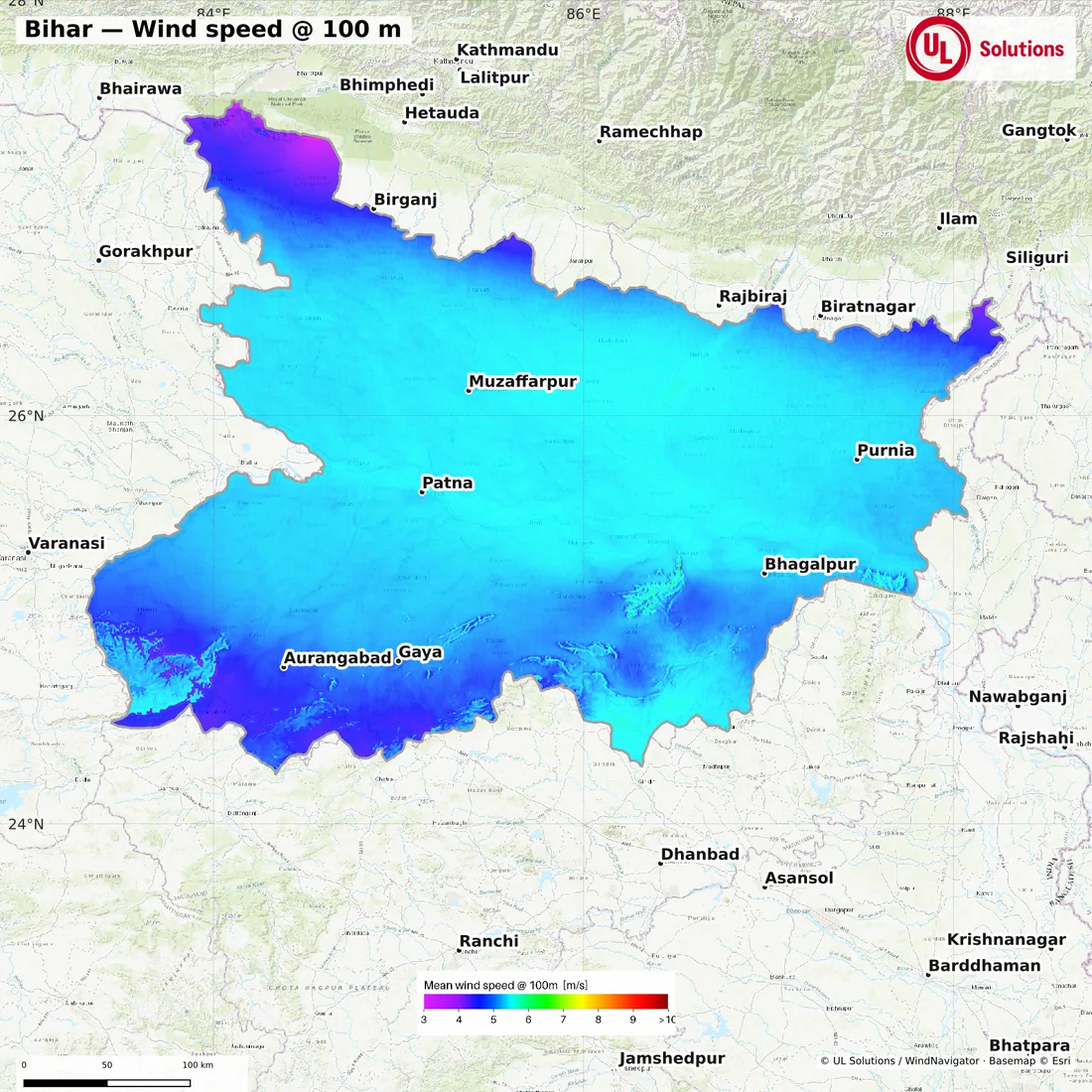 Wind speed map of Bihar at 100m hub height