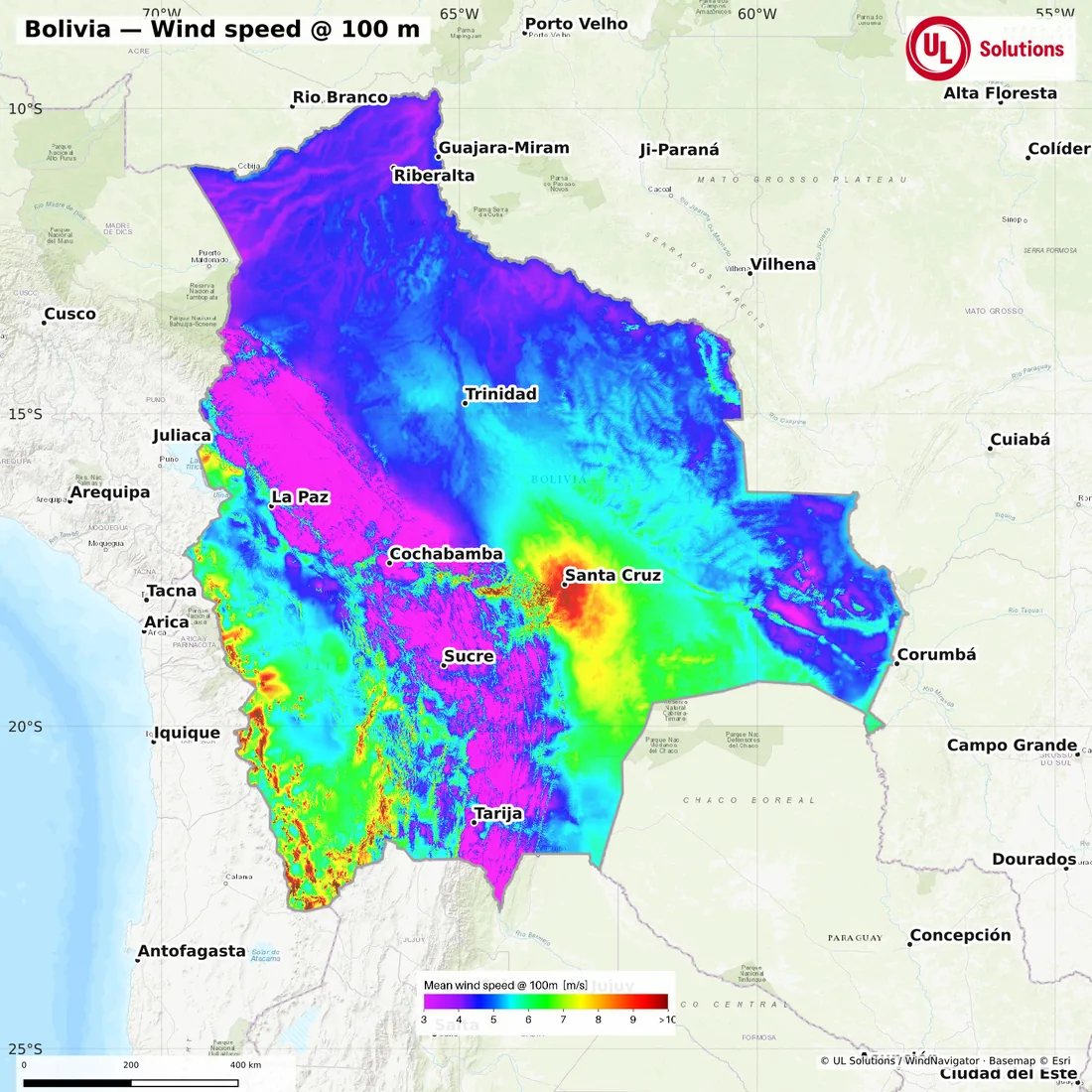 Wind speed map of Bolivia at 100m hub height