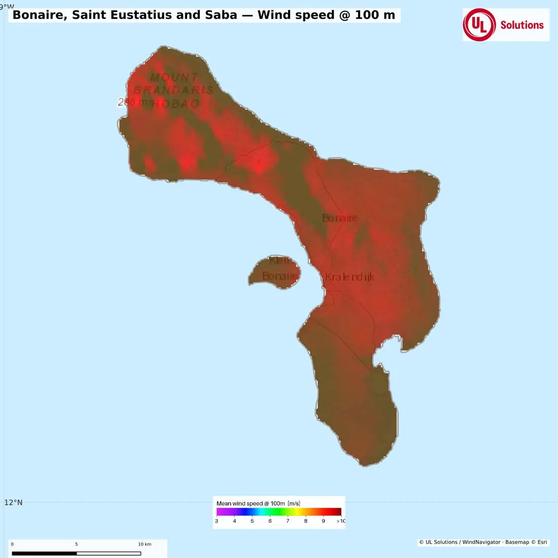 Wind speed map of Bonaire, Saint Eustatius and Saba at 100m hub height