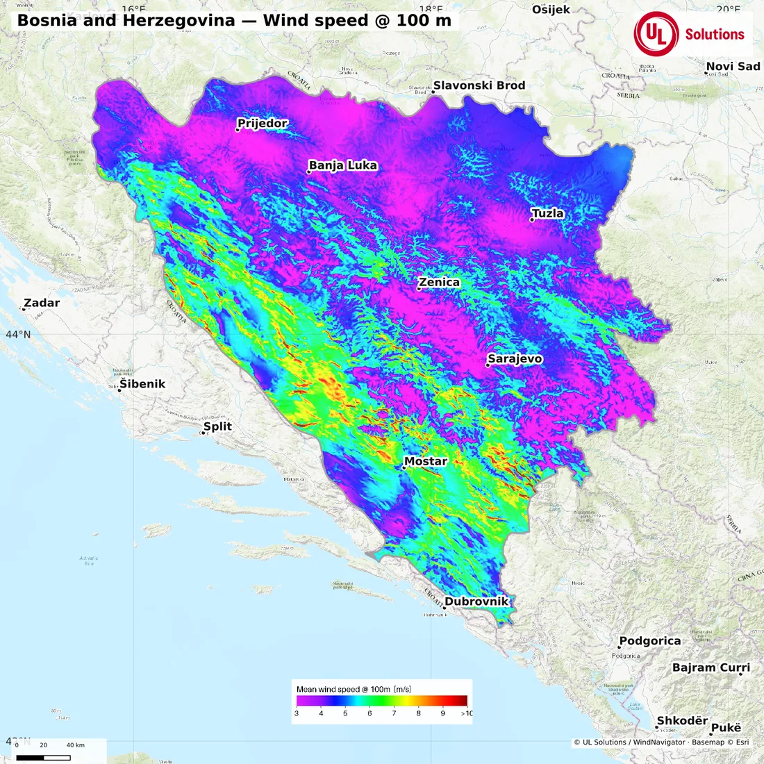 Wind speed map of Bosnia and Herzegovina at 100m hub height
