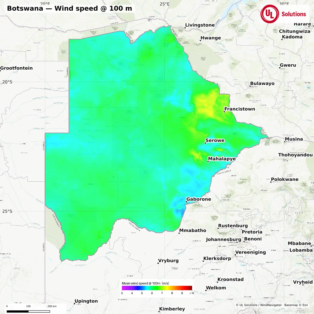 Wind speed map of Botswana at 100m hub height