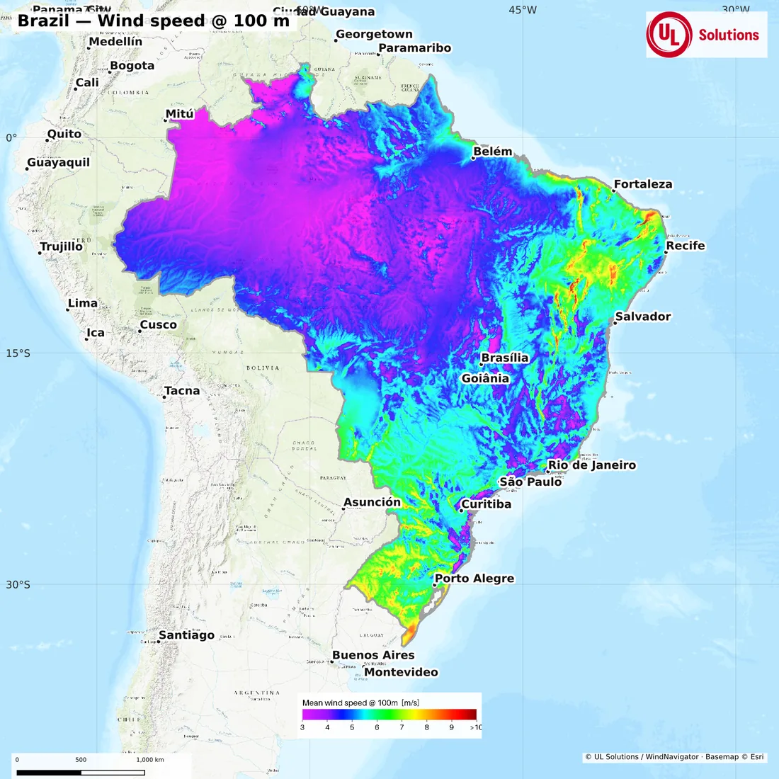 Wind speed map of Brazil at 100m hub height