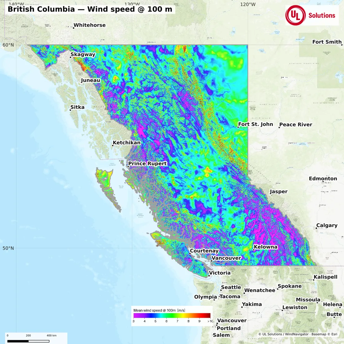 Wind speed map of British Columbia at 100m hub height