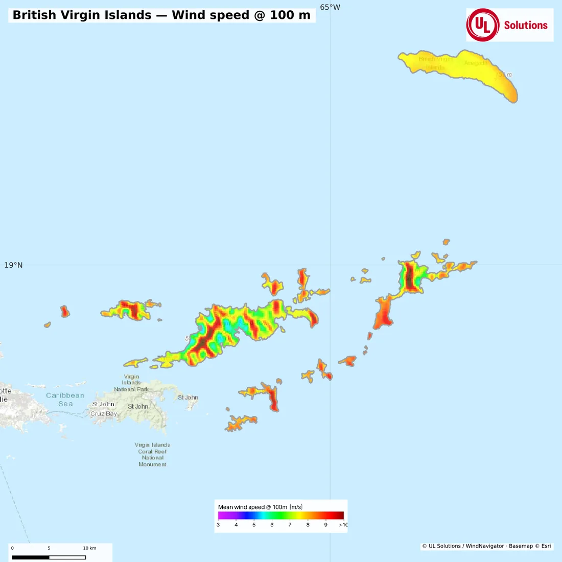 Wind speed map of British Virgin Islands at 100m hub height