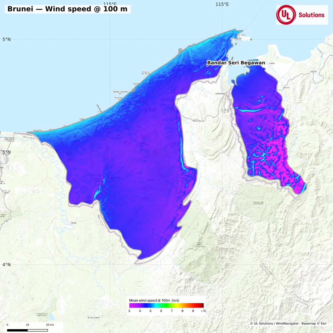 Wind speed map of Brunei at 100m hub height