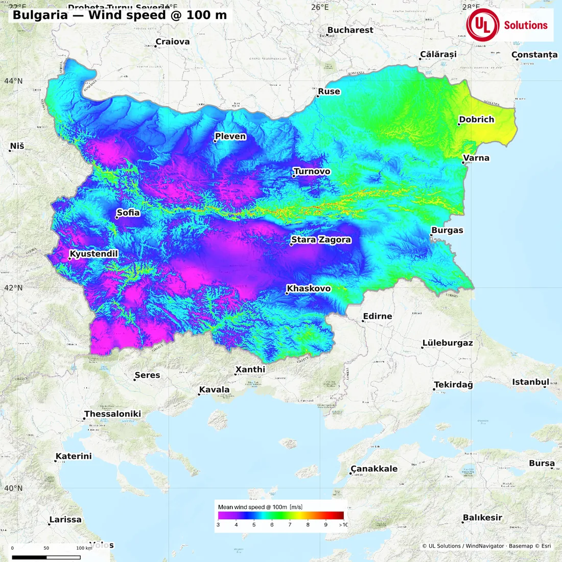 Wind speed map of Bulgaria at 100m hub height