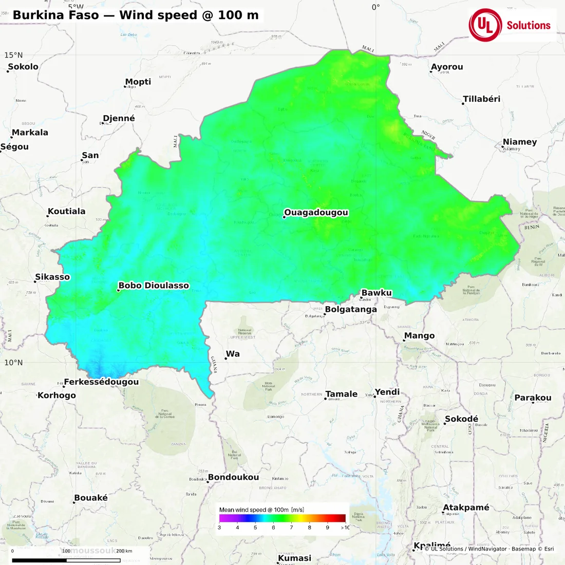Wind speed map of Burkina Faso at 100m hub height
