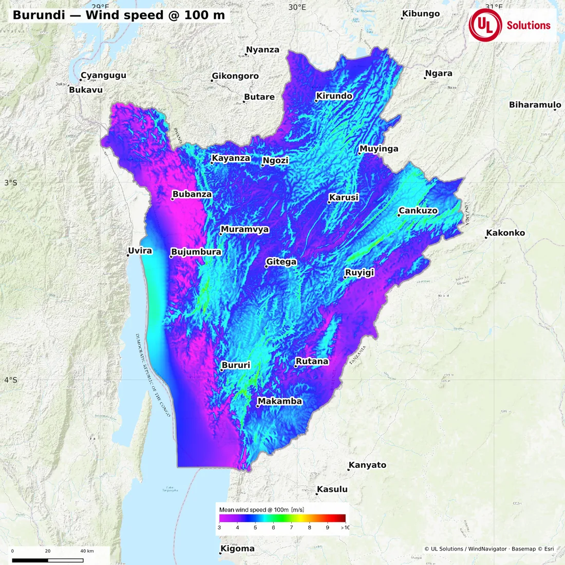 Wind speed map of Burundi at 100m hub height