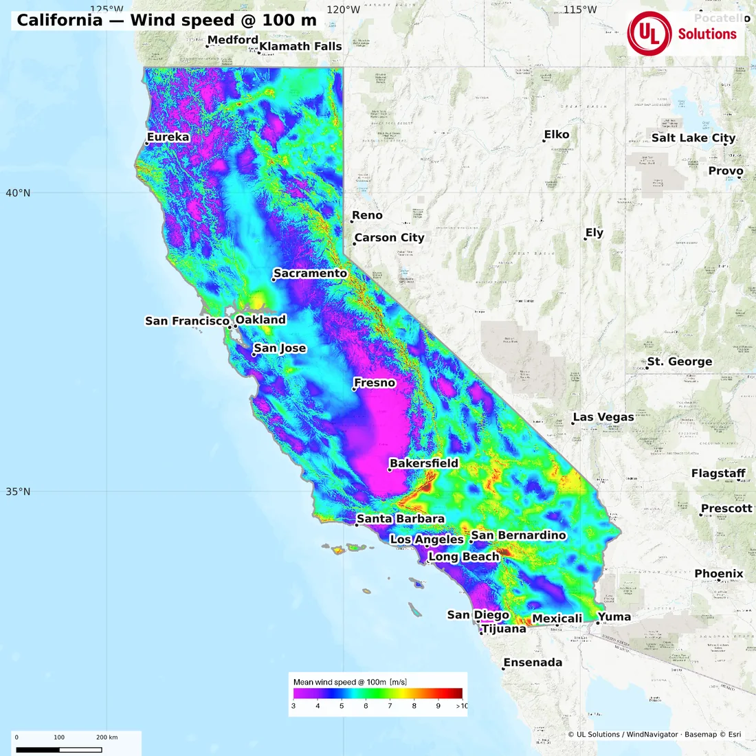 Wind speed map of California at 100m hub height
