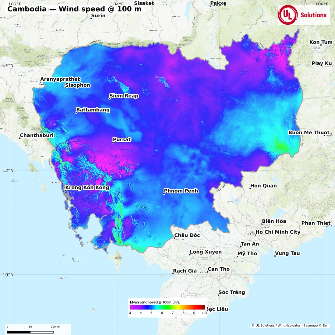 Wind speed map of Cambodia at 100m hub height