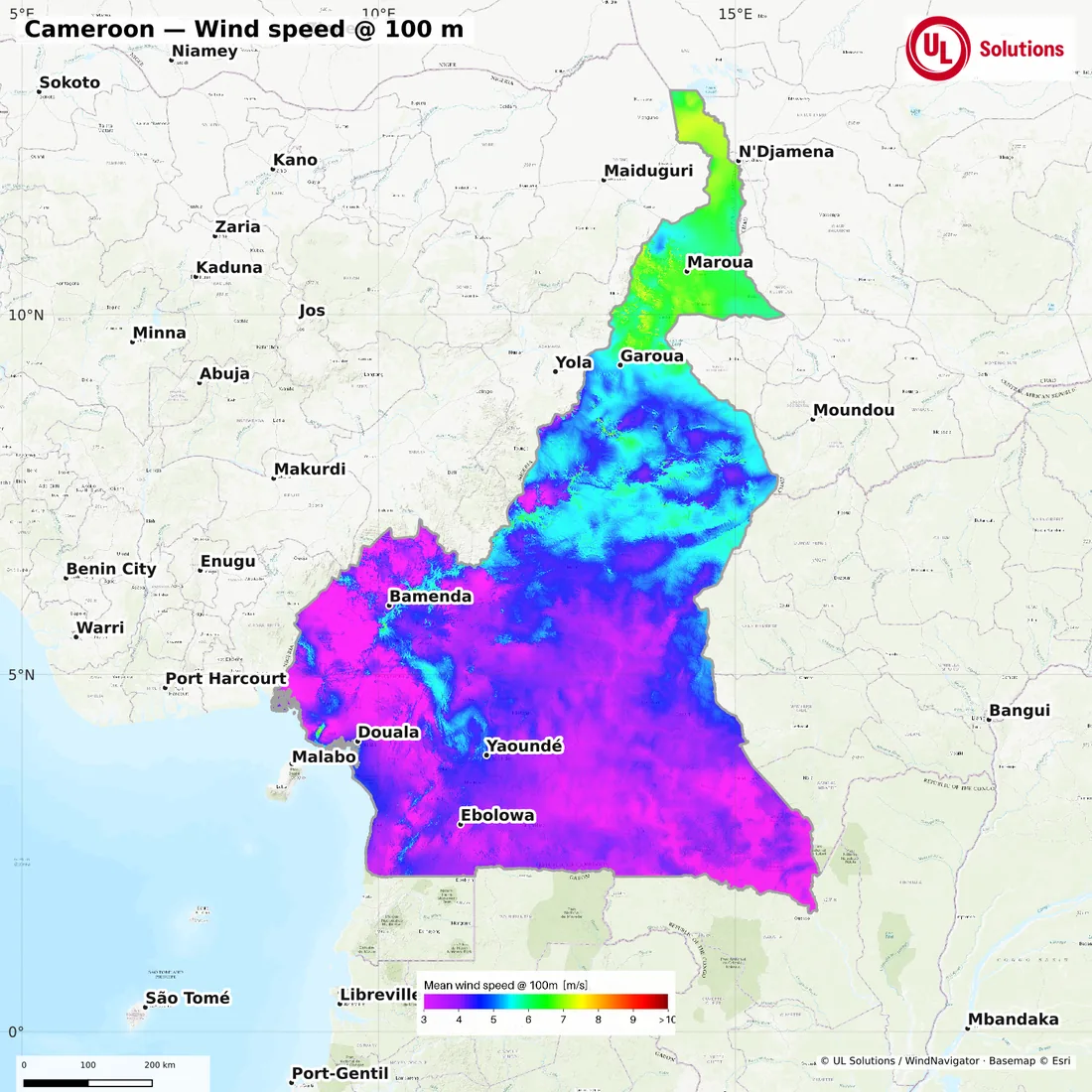 Wind speed map of Cameroon at 100m hub height