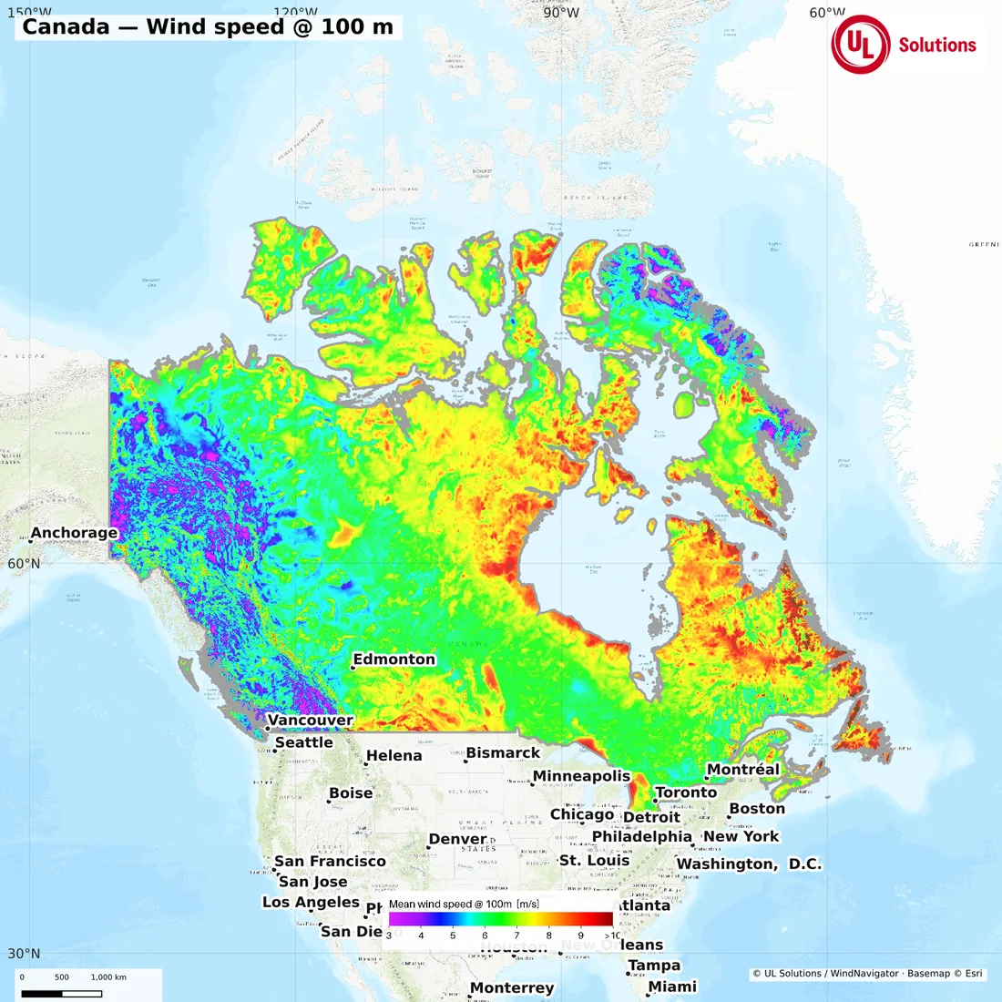 Wind speed map of Canada at 100m hub height