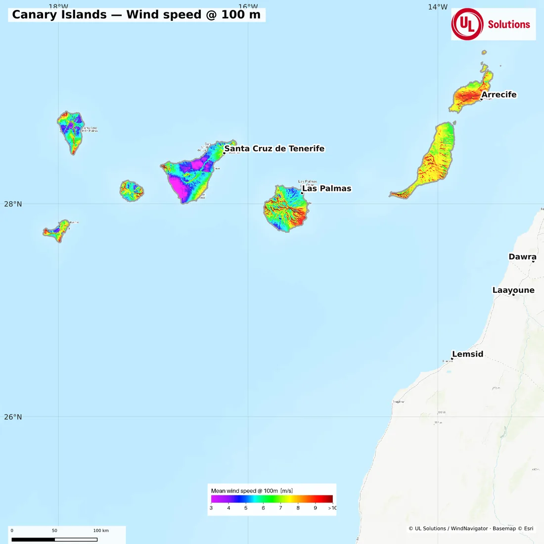 Wind speed map of Canary Islands at 100m hub height